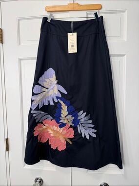 Tyler Boe Navy A-Line Skirt with Salmon, Blue & Lavender Floral Embroidery